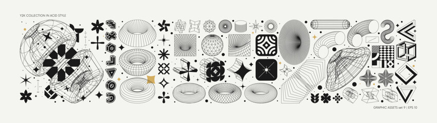 Fototapete - Vector graphic assets set in acid style, retro futuristic background with wireframe elements of different forms, bold modern shapes for design template, poster, stickers, banner in Y2k style set 9