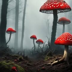 Wall Mural - A beautiful mystical fly agaric in a mysterious forest. Wonderful Amanita in the fog.