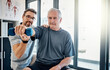 © ReadyAtTheEase/peopleimages.com - Weight, senior man and physiotherapist with healthcare, wellness and client assessment at doctor. Consultation, rehabilitation and arm exercise from physical therapy and recovery of patient with care