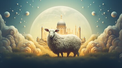 Wall Mural - Sheep standing with moon and mosque Islamic background, Eid ul Adha Mubarak background