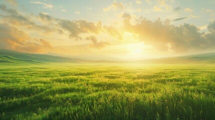 Background image of spring nature with park or grass lawn with sun ray in summer. Landscape of grass field, cloud and blue sky in bright sunny day. Green environmental public park concept. AIGT2.