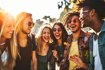 Group of happy friends having fun together walking on city street - Different young people laughing out loud enjoying sunny day out - Friendship concept with guys and girls hangout on, Generative AI