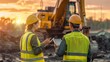 © pier - construction workers managing project site with tablets during sunset at an excavation site