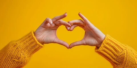 Hands making heart shape isolated on a yellow background - Love and minimal fashion concept, Generative AI