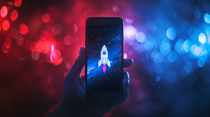 Poster - Hand holding a smartphone with a graphic of a rocket launch against a vibrant bokeh background