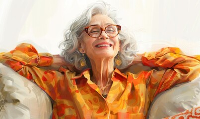 Wall Mural - Cheerful pretty older woman in elegant glasses sitting on cozy home couch, smiling with perfect white teeth, laughing 