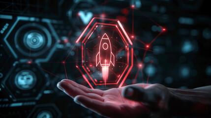 Aufkleber - Futuristic 3d hologram of a rocket launching rests above an open palm amidst digital interfaces