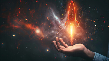 Poster - Hand displays a digital hologram of a rocket launching, representing creativity and motivation