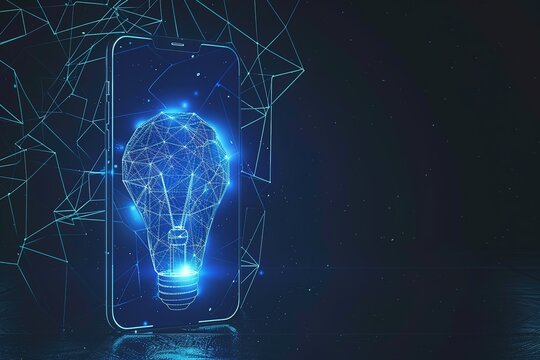 modern conceptual blue mobile phone, white screen, hologram light bulb. Low poly style design. Geometric background Wireframe light connection structure contemporary 3d graphic concept. 