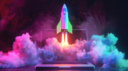 Poster - Colorful smoke surrounding a vibrant rocket launch digital illustration emerging from an open laptop