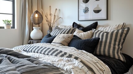 Wall Mural - Cozy guest room with black and white striped bedding.