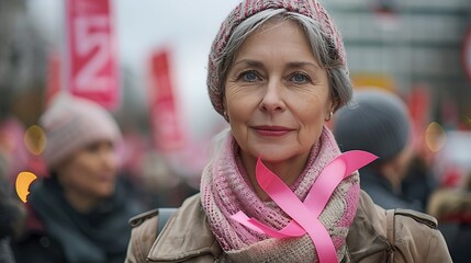 middleaged woman wearing a pink ribbon at a World Cancer Day rally