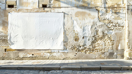 Poster - White empty banner on an old textured building wall with peeling paint and bricks