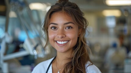 A cheerful dental assistant smiles in a modern clinic setting, conveying warmth and professionalism