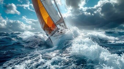 Dramatic view of a sailboat with orange sails braving the choppy waters under a cloudy sky, dynamic and powerful