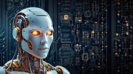 Poster - Embark on the journey of AI chatbot development with an isometric portrayal of an artificial intelligence robot head amidst computer electronic chip hardware. 