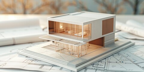 A model of an architectural house on top of blueprints with blur background
