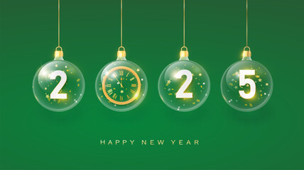 Wall Mural - 2025 Happy New Year in green. 2025 Golden metal number in glass bauble, decoration. Realistic 3d render metallic sign. Xmas Poster, banner, cover card, brochure flyer, layout design