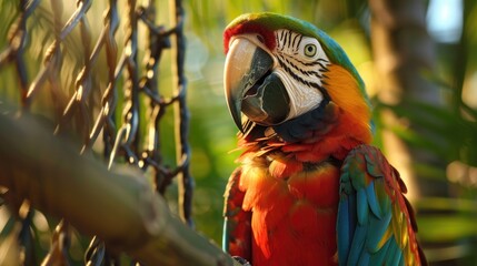 Sticker - A detailed shot of a brightly colored parrot in its enclosure an ideal companion for those who admire animals