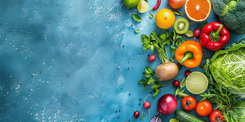 food background with healthy food, vegetables and fruits on blue table top view. space for text or copy empty area