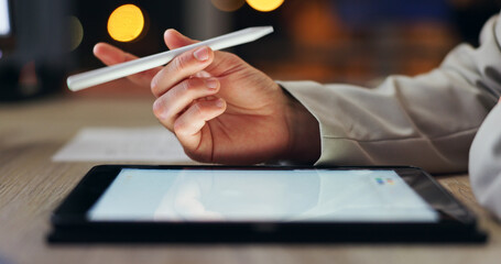 Aufkleber - Hand, office and night with tablet and pen with graphic designer on sketching app for website in creative agency. Person, employee and art development for company brand, online project and display