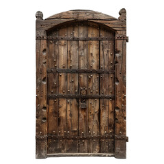 Detailed medieval wooden gate with ironwork, isolated on a transparent backdrop