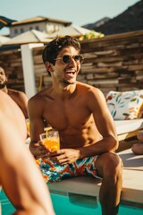 Wall Mural - At the resort, friends laugh by the poolside, a handsome, shirtless guy holds a cocktail, exuding relaxation.