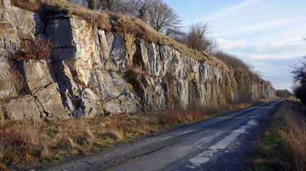 Wall Mural - A roadside cliff face its surface pockmarked with rough irregular scars from frost wedging.