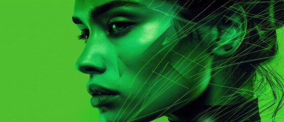 Close-up of a woman's face with green overlay and artistic lighting effects, creating a modern and futuristic visual appeal.