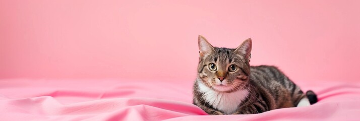 Wall Mural - Cute tabby cat relaxing on pink fabric. Copy space