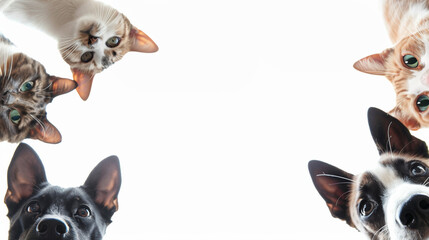 Wall Mural - Bottom view of a cat and dog peeking out from the sides of the screen on a white background. Free space for product placement or advertising text.