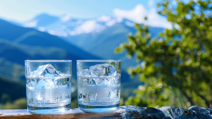 Two glasses of sparkling water with ice stand on a wooden railing with summer mountains in the background.