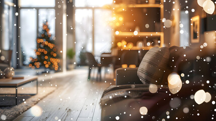 Wall Mural - A modern loft in winter encased in a bokeh of snowflakes. Copy space concept for home warmth. 