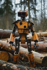 Wall Mural - A yellow humanoid robot lumberjack stands against the background of fallen trees