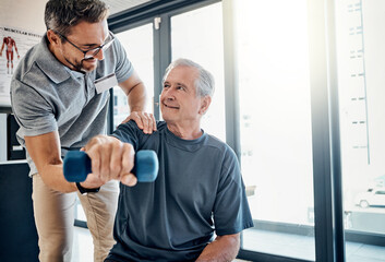 Poster - Support, physiotherapy and old man with dumbbells, healthcare and rehabilitation in medical care. Physiotherapist, consultant and elderly patient in mobility training, exercise and help in retirement