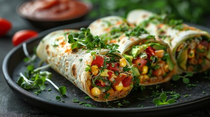 Wall Mural - A vegetable and avocado wrap presented on a black plate, garnished with sauce and cherry tomatoes