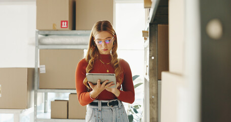 Poster - Business woman, tablet and planning of package for e commerce courier service, logistics and stock inventory. Entrepreneur or seller with checklist on digital tech for online shop or sales by boxes
