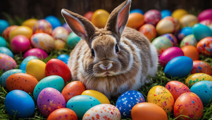 Joyful Easter bunny surrounded by a plethora of vibrant, colorful Easter eggs.