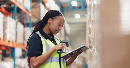 Poster - Logistics, tablet and black woman with scanner in warehouse for inspection, inventory check or pricing parcel. Shipping, checklist and employee for distribution, supply chain or quality control