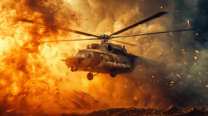 A military helicopter is seen flying away from a huge fiery explosion, with smoke and debris filling the air