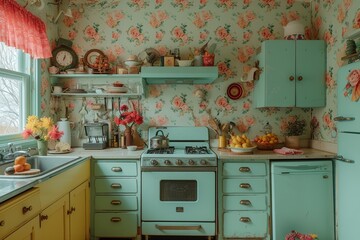 Cottagecore-inspired kitchen with vintage appliances and floral wallpaper,.