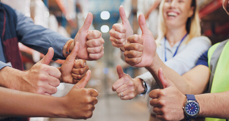 People, hands and thumbs up in logistics warehouse, partnership and collaboration or yes hand gesture. Distribution, shipping and goals with employees together, group and thank you for support