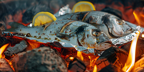 Wall Mural -  A fish is cooking on a grill with lemon slices and herbs It's a close-up shot with a shallow depth of field.