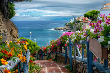 Wall Mural - Seaside town in Spain with flowers, fences and ocean in the background