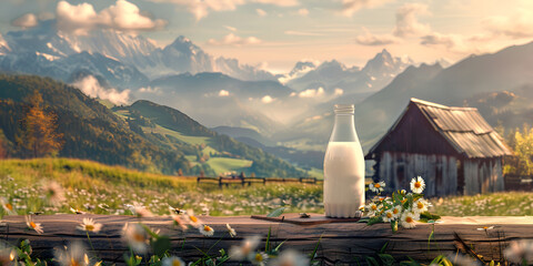 view of a mountain landscape with a clear blue sky and green grass There is a wooden bench with a bottle of milk on it.