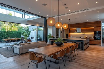 Wall Mural - Contemporary open-concept kitchen and dining area with sleek, minimalist design.