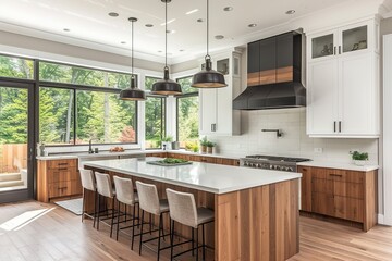 Wall Mural - Beautiful kitchen in luxury modern contemporary home interior with island and chairs.