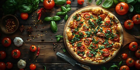 Wall Mural - Delicious freshly baked pizza with tomatoes and basil on a rustic wooden table, surrounded by fresh ingredients.