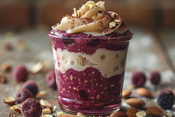 A glass of purple dessert with nuts and berries on a wooden table