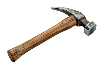 A classic claw hammer with a wooden handle, isolated on a black background.